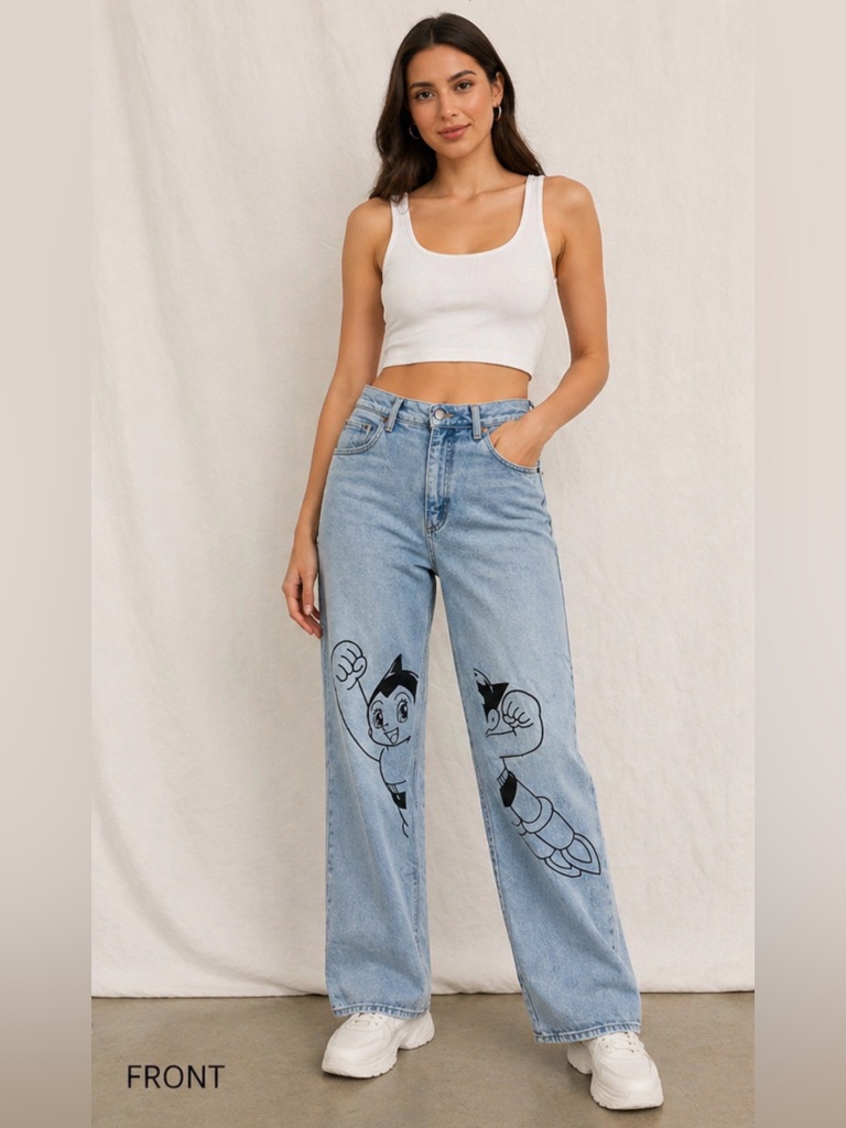 Y2k Solo Light Blue Wide-Leg Jeans With Black Astro Boy Embroidered Made In Usa